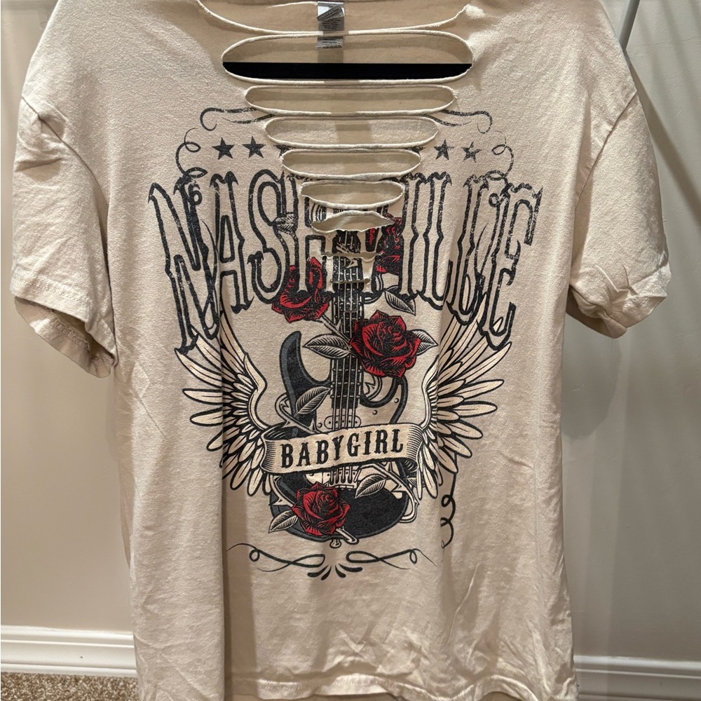 Cream Nashville Graphic Cutout T-Shirt
